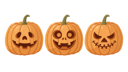 Three festive Halloween jack-o-lanterns featuring diverse carved faces including cheerful, goofy, and sinister designs isolated on transparent background.