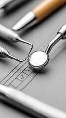 Close-up of various dental instruments, including a mirror, probes, and other tools, arranged on a chart, with a neutral lighting.