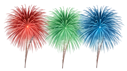 Three vibrant fireworks bursts in red, green, and blue, symbolizing celebration and festive events, isolated on transparent background
