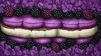 Artistic illustration of a dessert sandwich with layers of cream, purple frosting, and blackberries, surrounded by purple flowers.