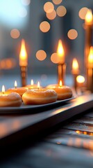 Close-up shot of donut candles burning on a wooden surface with bokeh lights in the background, creating a warm and inviting atmosphere.