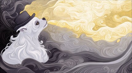 An artistic illustration of a white dog wearing a hat, looking up into a swirling, abstract landscape with a yellow and gray color scheme.