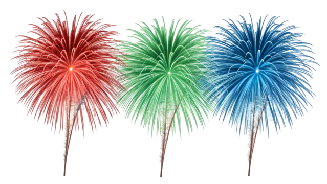 Three vibrant fireworks bursts in red, green, and blue, symbolizing celebration and festive events, isolated on transparent background
