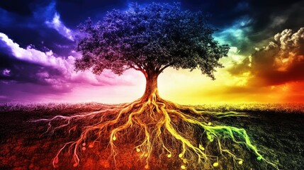 A digitally created image of a tree with exposed roots, set against a vibrant, multi-colored sky and landscape.