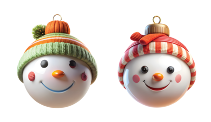Snowman Character Bauble: A bauble shaped like a cute smiling snowman with scarf, carrot nose, and winter hat, isolated PNG, cartoon-realistic style.