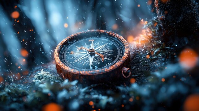 A close-up shot of a compass resting on moss in a forest setting. The image is enhanced with atmospheric lighting, creating a mystical and adventurous mood.