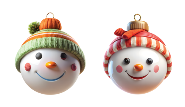 Snowman Character Bauble: A bauble shaped like a cute smiling snowman with scarf, carrot nose, and winter hat, isolated PNG, cartoon-realistic style.