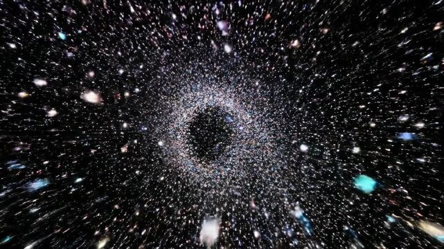 Seamless loop of multicolored data packets fragmenting and scattering across a deep black void creating dynamic digital disarray motion graphics, modern, energy