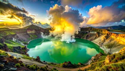 Emerald volcanic crater lake with steam rising under a dramatic cloudy sky at sunset