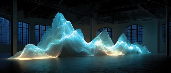 Abstract Glowing Mountainous Form inside a Room with Windows and Moody Lighting