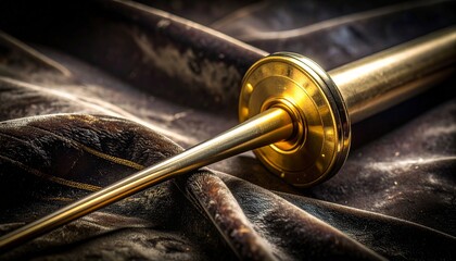 Close up of a brass instrument's slide and valve mechanism on velvet fabric