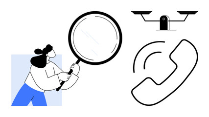 Woman holding magnifying glass on left, security camera above, phone receiver to the right. Ideal for investigation, search, security, analysis, communication assistance customer service. Simple