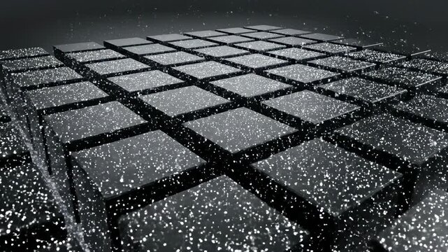 Seamless loop of perfectly aligned black geometric cubes dissolving and reforming into a pure white void pattern empty, monochrome, animation