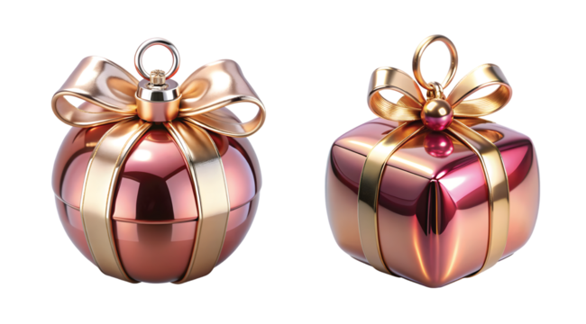 Present-Box Bauble: A bauble designed like a tiny wrapped gift box with shiny bow, glossy finish, metallic paper texture, PNG style.