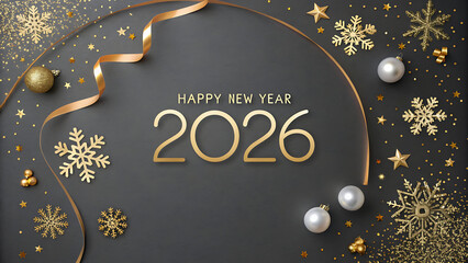 Happy new year 2026 elegant banner with golden snowflakes, stars, baubles, and festive ribbon on a sleek grey background.