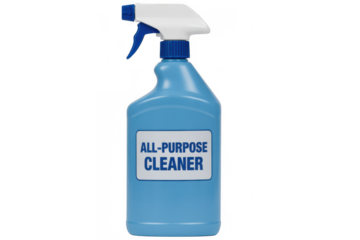 Blue plastic spray bottle with white and blue trigger sprayer and label reading All- Purpose Cleaner isolated on a transparent background