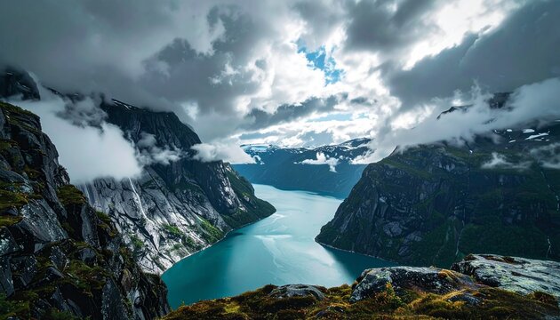 Majestic mountain fjord with dramatic clouds and turquoise water under a bright sky