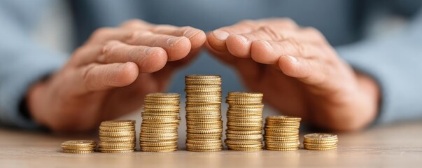 Hands forming barrier over coins for investment security concept. Hands protecting growing stacks of coins, symbolizing finance.