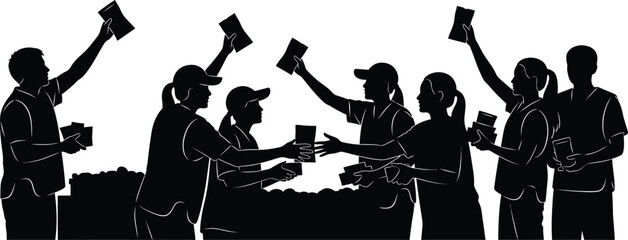 Group of people distributing flyers and pamphlets vector silhouette illustration Team handing out promotional material