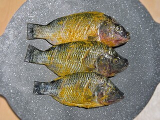 Seasoned fish ready to cook in a frying pan. Protein-rich food. Frying mujahir or tilapia fish with fresh turmeric seasoning.