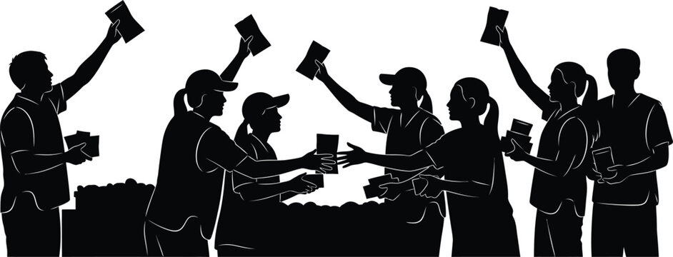 Group of people distributing flyers and pamphlets vector silhouette illustration Team handing out promotional material
