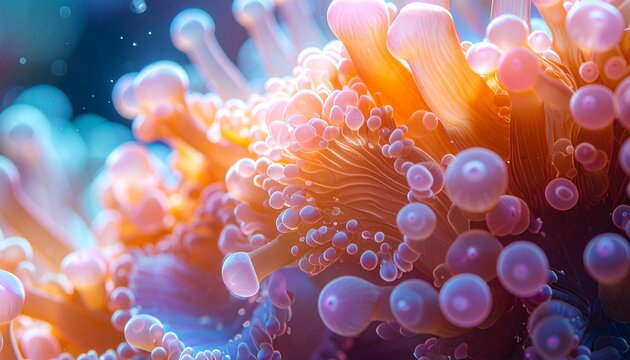 Macro photograph of vibrant coral tentacles with bioluminescent highlights in deep blue water