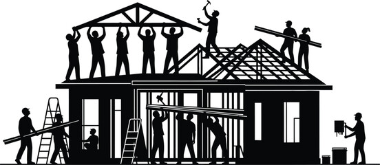 Construction Crew Building House Frame Silhouette Vector Illustration of Home Building and Teamwork
