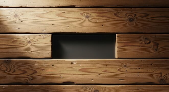 Horizontal weathered wood planks feature a dark recessed rectangular opening