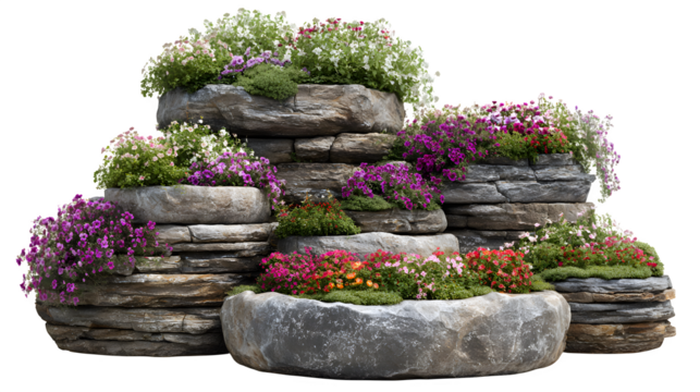 A cluster of stacked stone planters of various sizes, creating a tiered display of colorful flowers in a village square, isolated on a Transparent background