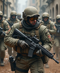 Armed soldiers in military gear on street patrol during urban conflict, demonstrating strength and readiness