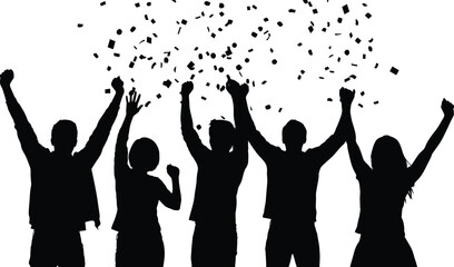 Fototapeta premium Five cheering people silhouette celebrating success with confetti falling