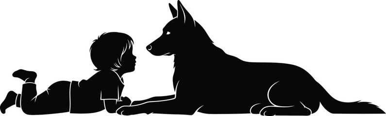 Child and Dog Black Silhouette Vector Illustration of Friendship and Companionship