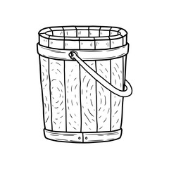 Wooden bucket line art vector illustration. black and white, hand drawn, sketch style, isolated on white background