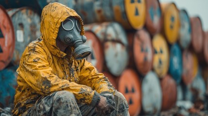 Person in Gas Mask Near Hazardous Barrels Representing Environmental Hazards