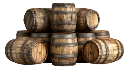 A cluster of empty wooden barrels stacked outside a village inn, awaiting new contents, isolated on a Transparent background