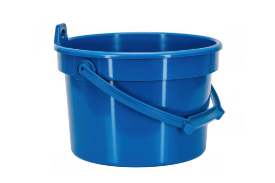 Bright blue plastic bucket with a sturdy handle and a loop for hanging isolated on a transparent background