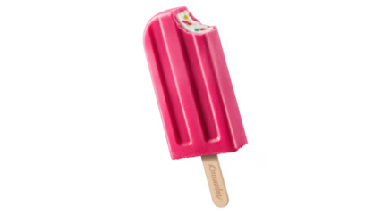 Bright pink popsicle with a bite taken out revealing white filling and colorful sprinkles isolated on a transparent background