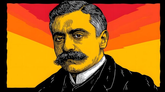 Retro poster: silhouette of Emiliano Zapata against sunray stripes in flag colors, blank band for caption