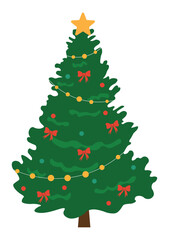 Christmas tree flat vector illustration with festive ornaments, red bows, colorful baubles, golden lights and star topper for holiday greeting card, poster and winter celebration design