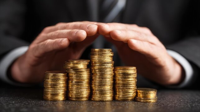 Hands forming barrier over coins for investment security concept. A businessman protects a stack of gold coins, symbolizing savings.