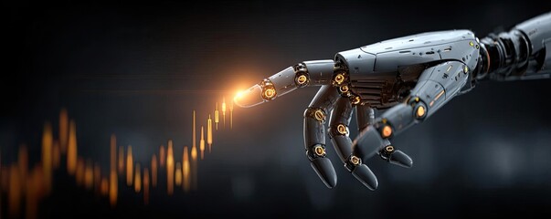 Robot hand analyzing stock market chart glowing fingertip concept. Futuristic robotic hand touching a glowing digital interface.