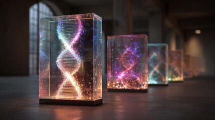 Abstract artwork showcasing DNA helixes in illuminated glass displays in a row
