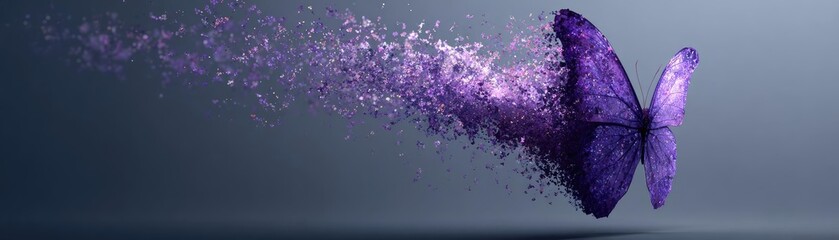 Alzheimer awareness shown through butterfly silhouette concept. A vibrant purple butterfly dispersing into colorful particles.