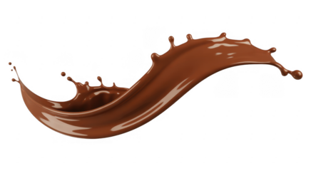 Brown chocolate liquid splash wave with droplets and reflections isolated on a transparent background