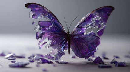 Alzheimer awareness shown through butterfly silhouette concept. A stunning purple butterfly made of shattered glass pieces.