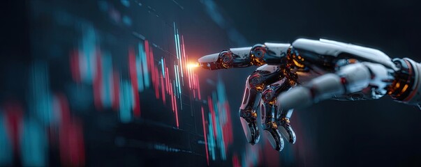 Robot hand analyzing stock market chart glowing fingertip concept. Close-up of a robotic hand pointing at financial data chart.