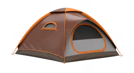 Brown dome tent with orange trim and mesh window isolated on a transparent background
