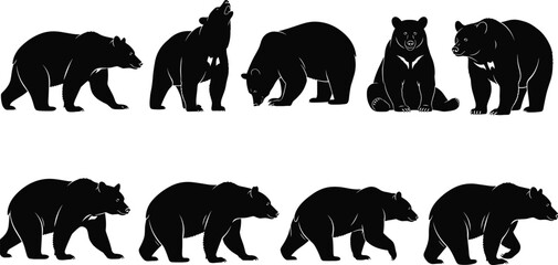 Collection of Bear Silhouette Vectors in Different Poses, Black Wildlife Mammal Set, Walking, Standing, Roaring, and Sitting Bear Icons, Detailed Animal Graphics.