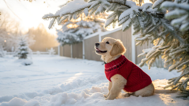 Cute golden retriever puppy in red sweater sitting in snow winter wonderland pet photography image