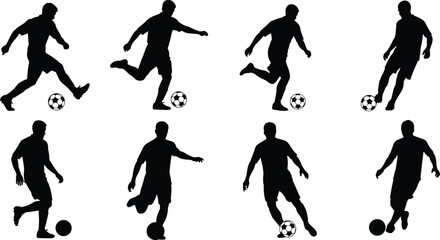Collection of Detailed Soccer Player Silhouettes, Black Footballer Vectors in Dynamic Poses, Kicking, Dribbling, and Running Action Icons, Sport Game Graphics.